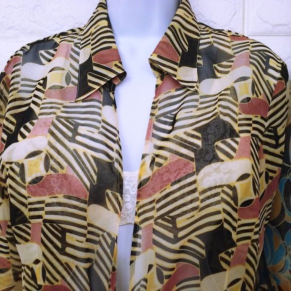 Lot of 2 Tops Sheer Blouses Geometric Patterned -M(10) Open-Front Button-up - Picture 4 of 13